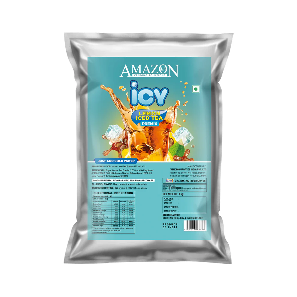 AMAZON Icy Lemon Flavoured Iced Tea Premix | 1kg | Just Add Cold Water | Uses In Cold Beverage Vending Machine